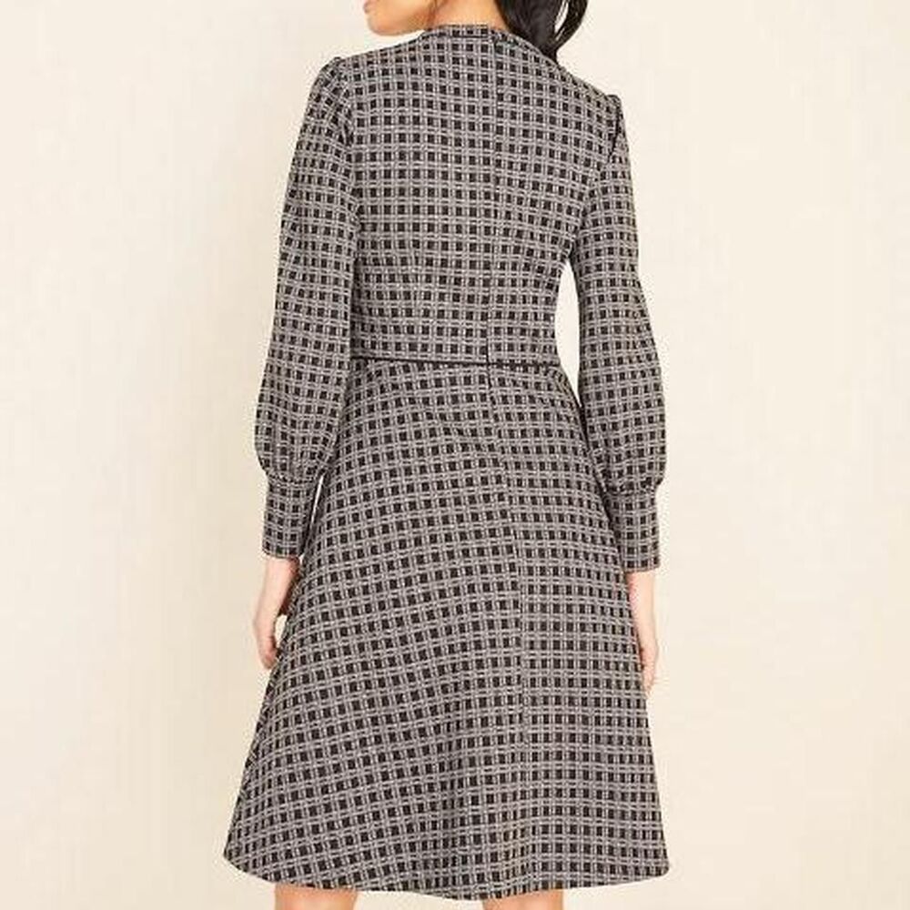Ann Taylor Black Plaid Mock Neck Long Sleeve Lined Fit & Flare Dress - Size 8P - Picture 2 of 8